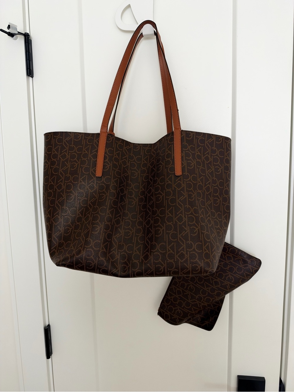 Calvin Klein Brown Monogram Tote with Tan Straps